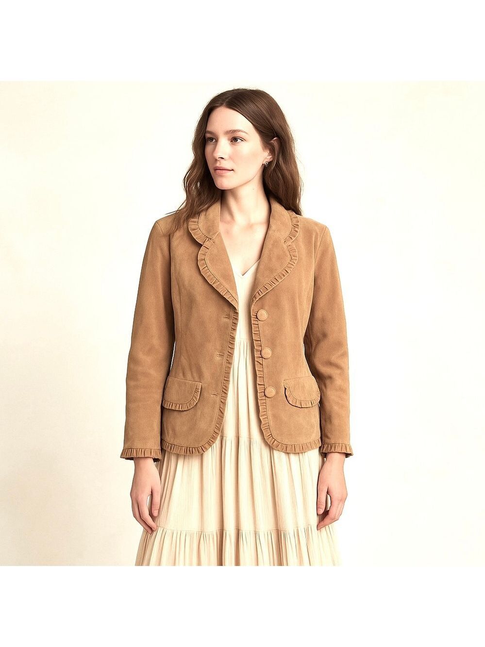 Vintage Suede Leather Blazer Jacket Tan Brown Boho Ruffle Trim Alice Blue S